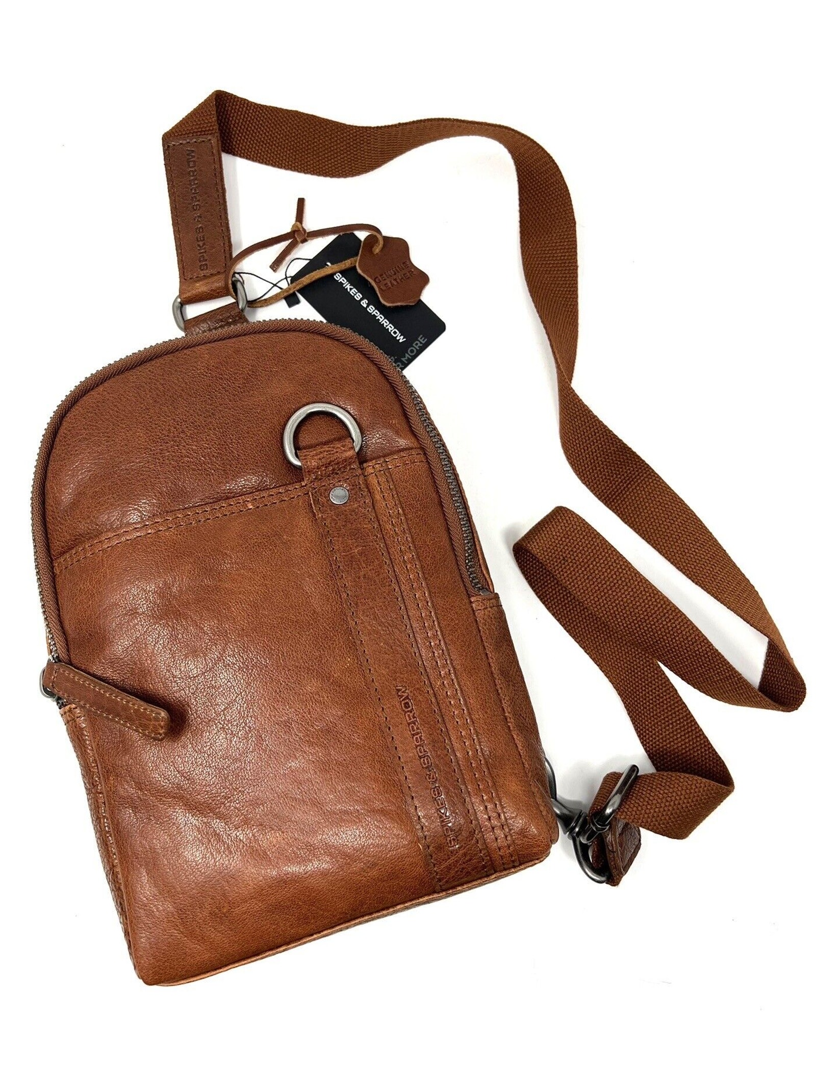 Spikes & Sparrow Leather Sling Bag Small One Shoulder Sling Backpack Brandy Brn